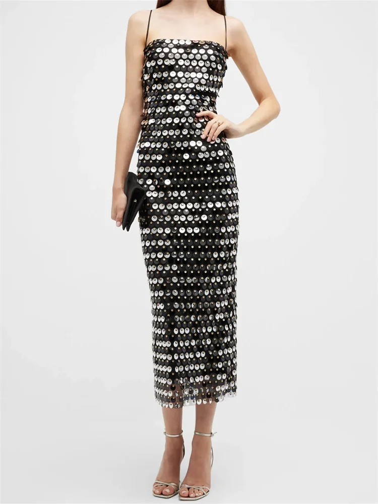 Women Sequins Midi Dress Spaghetti Strap - Image 5