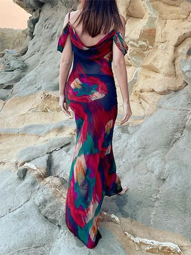 Women´s Print Mesh Long Dress Off - Image 5