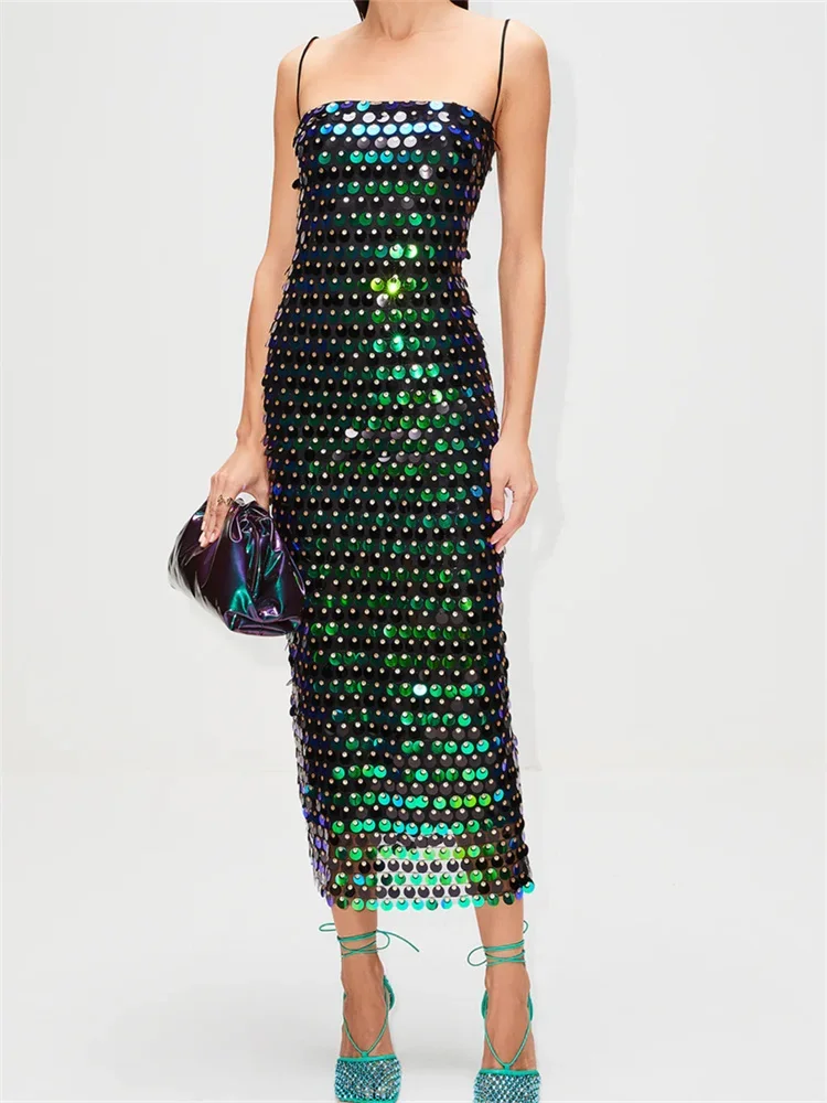 Women Sequins Midi Dress Spaghetti Strap - Image 4