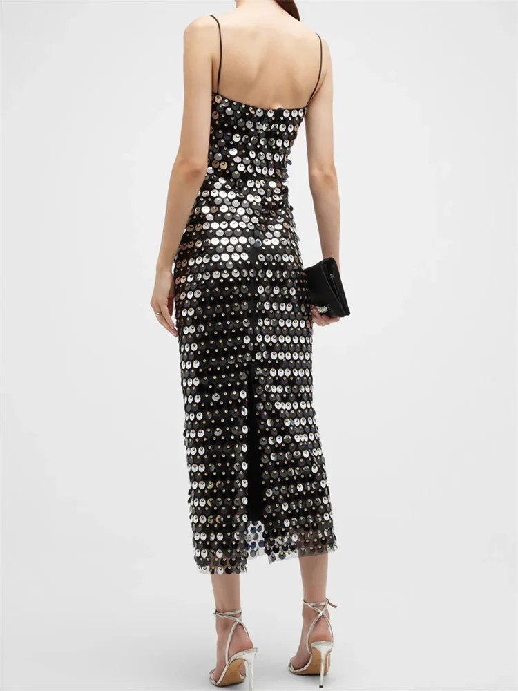 Women Sequins Midi Dress Spaghetti Strap - Image 6